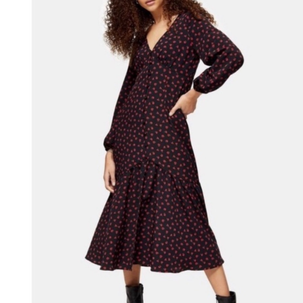 Topshop Black and Red Roses Patterned Long Sleeve Dress